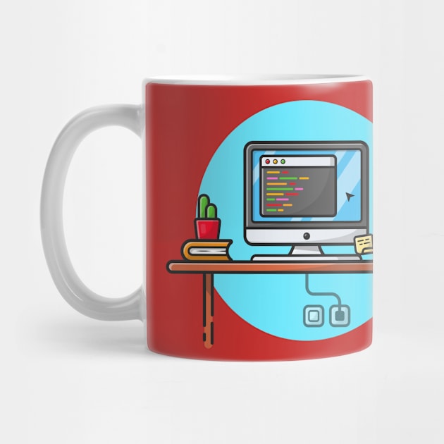 Coding Programmer Workspace with Cactus, Coffee and Book Cartoon Vector Icon Illustration by Catalyst Labs